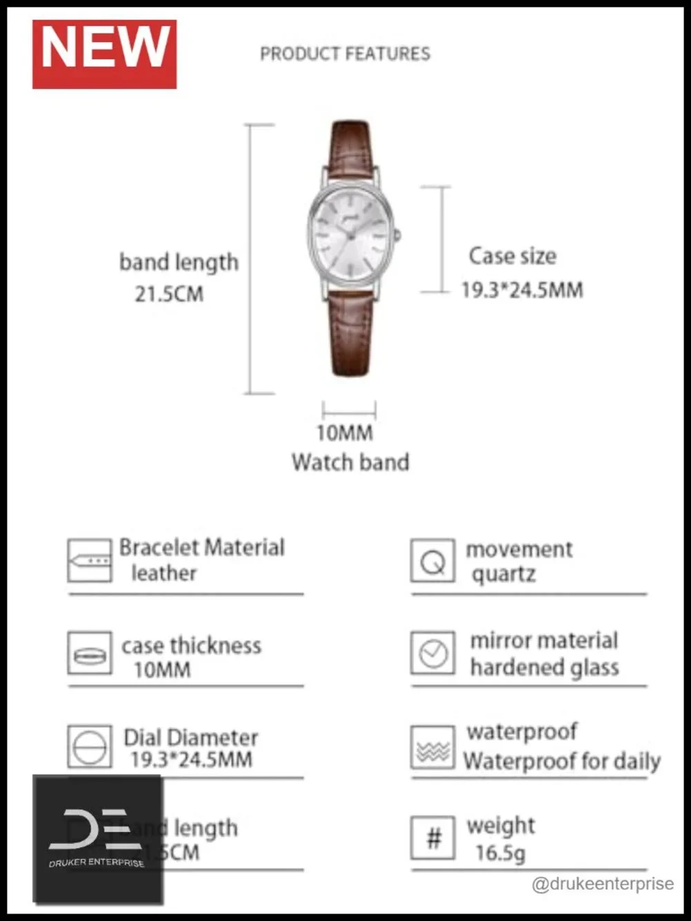 Elegant Oval Quartz Watch Leather Strap Water Resistant
